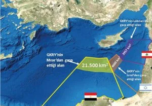 خارطة توضيحية لتقسيم المناطق البحرية في شرق المتوسط